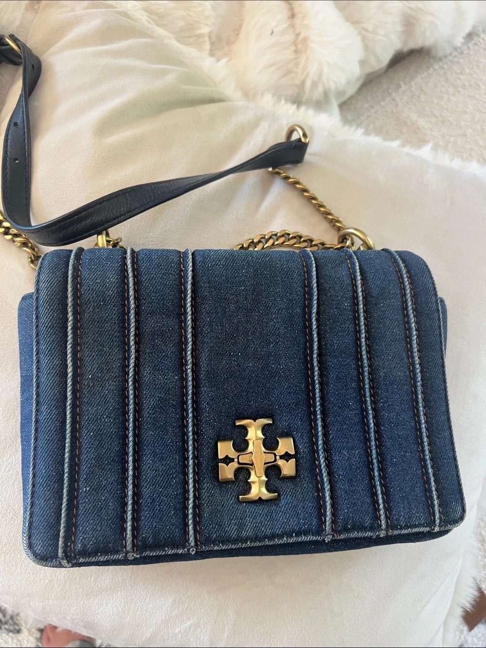 Denim Quilted Crossbody Bag with Gold Logo Tory Burch